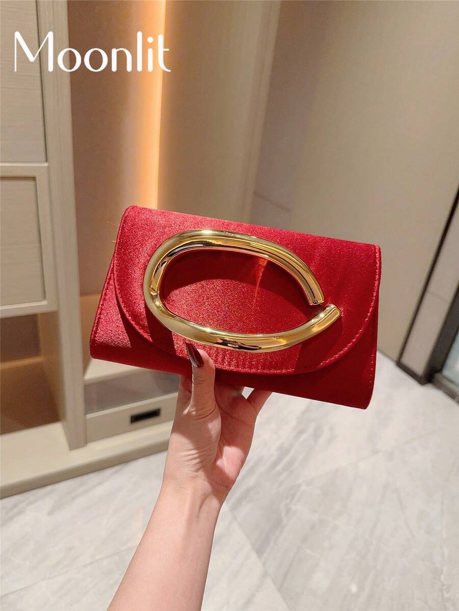 1件酒紅色秋冬歐式時尚金屬裝飾迷你方盒手拿包，亮面金屬條手持晚宴包，女士優雅奢華PU皮革派對包/浪漫婚禮手拿包/舞會包/雞尾酒會包，適合正式禮服，附金屬鏈條