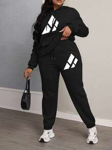 Women's Plus Size 2 Pieces Pajama Set, Geometric Print Long Sleeve Hoodie & Sweatpants Set, Suitable For Home Wear, Black Hoodie Set, Also Suitable For Outdoor Sports And Winter Wear - Black - View 5