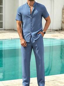 2pcs Men's Turn-Down Collar Button-Up Short Sleeve Top + Elastic Waist Long Pants Pajamas Loungewear Set - Dusty Blue - View 2