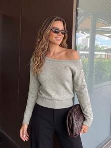 Cold Shoulder Wide Neck Short Knit Sweater, Light Gray Dropped Shoulder Loose Long Sleeve Basic Slouchy - Grey - View 9