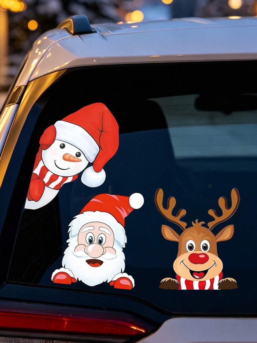 Christmas Peeking Character Car Window Decals, 3Pcs Santa Snowman Elk ...
