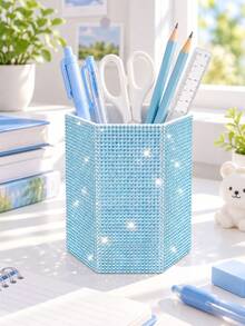 Luxury Rhinestone Makeup Brush Holder Pen Storage Box, Hexagonal Rhinestone Desktop Creative Storage Box, Sparkling Makeup Tool Storage Box, Large Capacity Multi-Functional Storage Cylinder, Fashionable Desktop Storage, Can Store Lipstick, Eyebrow Pencil, Nail Art Tools, Makeup Brushes, Stationery Pencils And Various Makeup Tools, Suitable For Bedroom Vanity, Bathroom, Makeup Room Desktop, Office And Dormitory Decoration, Home Decor Item - Multicolor - View 3