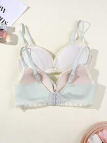 2pcs Cream Style Lace Wire-Free Bra Soft Skin-Friendly Girls Lingerie Set - Multicolor - View 2