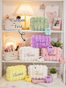 Customizable Name Large Capacity Plush Makeup Bag, Durable Zipper Closure With Letter Embroidery Bridesmaid Makeup Bag, Large Capacity Fashionable Portable Travel Toiletry Bag, Skincare Storage Bag, Wedding Gift - Multicolor - View 8