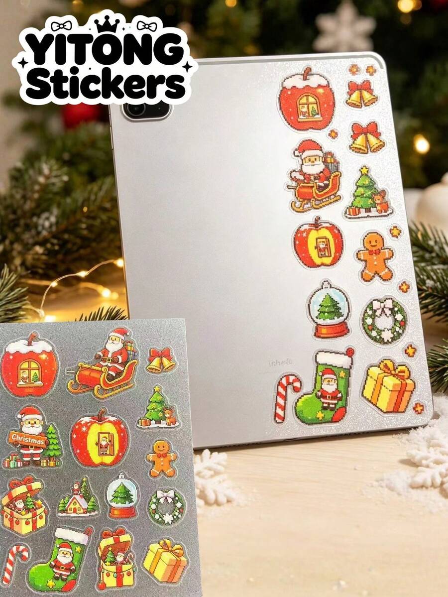 1pc Vintage Pixel Christmas Transparent Sticker, Sleigh Gift Box Crystal Ball Wreath Pattern, Pixel Art Style Exquisite Retro, Delicate And Clear Printing, Suitable For Tablets, Water Bottles, Aroma Diffusers, Notebooks, Earphone Cases And Other Smooth Hard Surfaces, Decorate Personal Items, Create Strong Christmas Holiday Atmosphere, Perfect For Item Customization - one-size - View 1