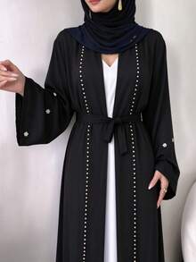 Women's Pearl Beaded Open Front Abaya, Long Flare Sleeve Belted Maxi Outerwear, Elegant Modest Long Robe - Multicolor - View 1