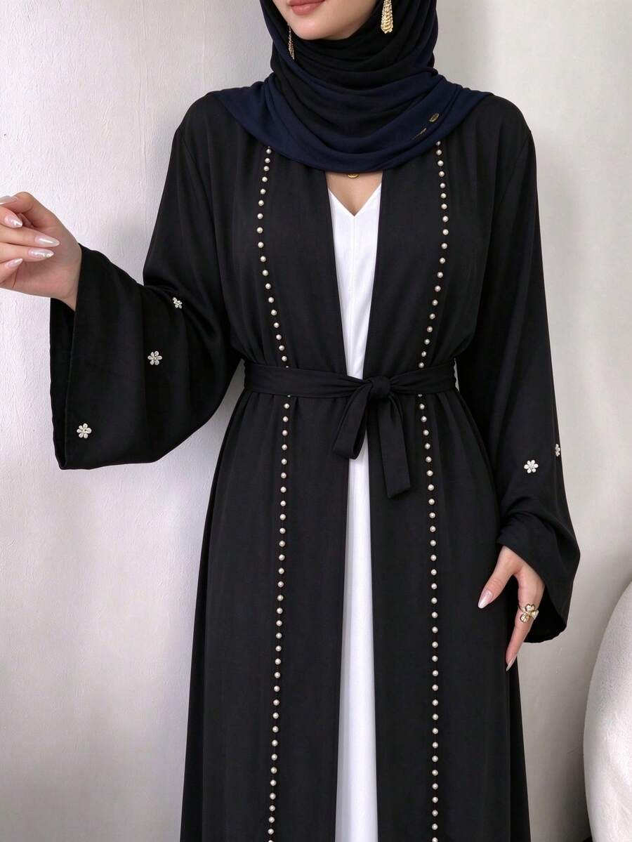Women's Pearl Beaded Open Front Abaya, Long Flare Sleeve Belted Maxi Outerwear, Elegant Modest Long Robe - Multicolor - View 1