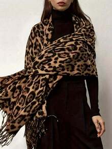1pc Winter Lazy Animal Print Elegant & Atmospheric Warm Thick Leopard Print Scarf - Khaki - View 4