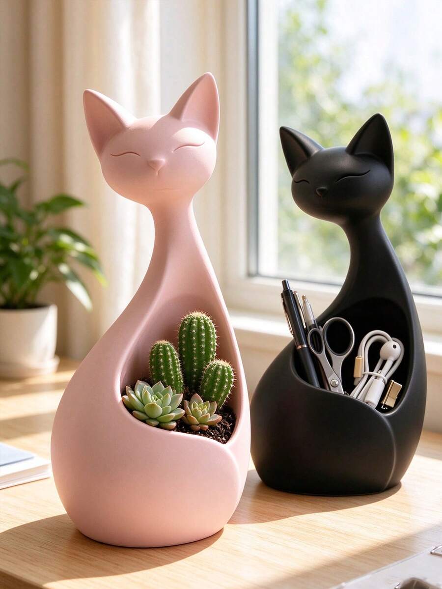Cute Cat-Shaped Ceramic Multi-Functional Succulent Planter, Jewelry & Pen Holder, Desktop & Windowsill Decor, Home & Office Gift - Multicolor - View 1