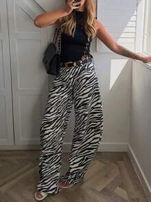 2026 New Autumn Zebra Print Women's Long Pants, Elegant Casual Design, Elastic Waistband, No Belt, Versatile Commuter Style - Black and White - View 6