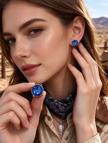 Western Cowboy Style Round Rhinestone Stud Earrings, Vintage Southwestern Single Shiny Crystal Exaggerated Stud Earrings For Women, Cowboy Rodeo Country Music Festival Party Jewelry Gift, Suitable For Daily Wear, Dates, Theme Parties, Will Surely Receive Many Compliments From Friends After Wearing - Round Earrings - View 2