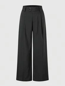 High Waist Double Button Pleated Wide Leg Suit Pants With Pockets, Commuter Office Style - Black - View 3