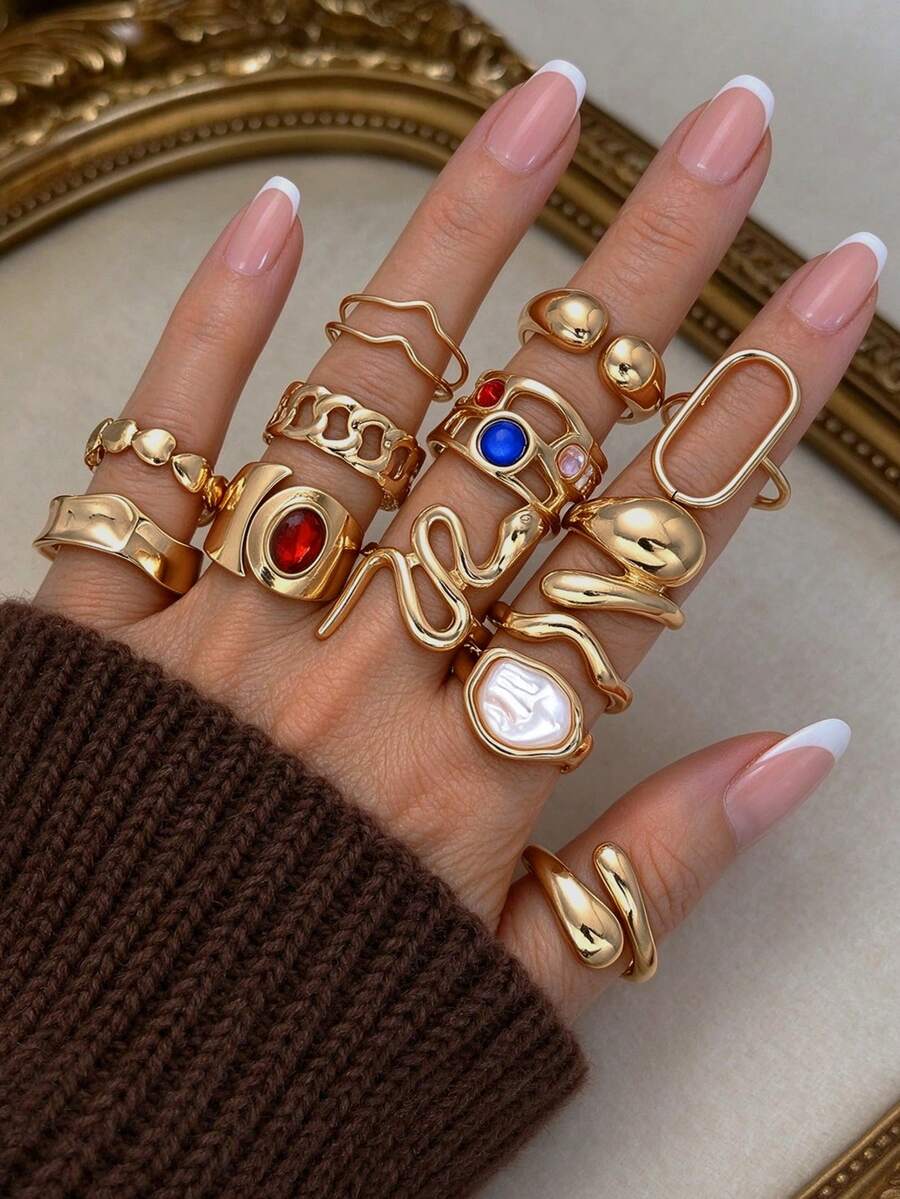 Set Cincin Tebal Gaya Logam Bertekstur, 13 Buah, Modis, Minimalis, Elegan, Indah, Desain Vintage, Batu Permata Imitasi Berwarna-warni, Mutiara Imitasi Berkilau, Rantai Geometris Ular, Persegi, Bergelombang, Cocok untuk Hadiah Liburan, Pesta, Kencan, Pemakaian Sehari-hari, dan Personalisasi. - Yellow Gold - View 1