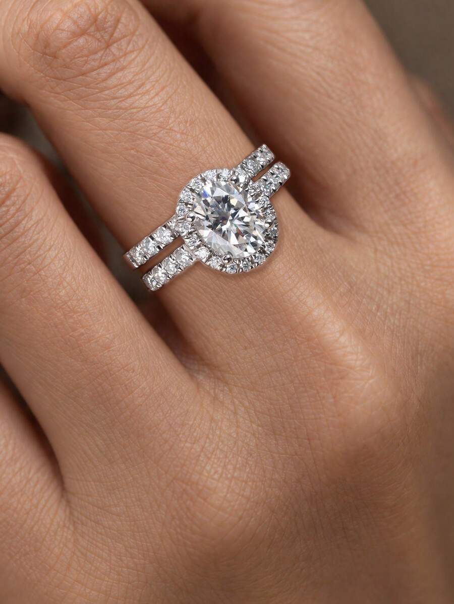 ANU JEWEL 橢圓形莫桑鑽戒指套組 銀色戒指 婚戒 訂婚戒指 新娘珠寶