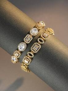 1pc Luxury Copper Material Multi-Style Pave Zirconia Bracelet For Women, Evening Party, Wedding, Anniversary Gift Jewelry - Yellow Gold - View 2