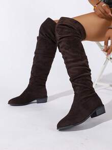 Women's Black Ruched Over-The-Knee Boots, Low Chunky Heel Slip-On Tall Boots, Pointed Toe Thigh-High Boots, Suitable For Autumn/Winter Daily Wear - Black - View 3