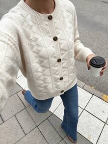 女款純色紋理針織開襟衫，休閒日常穿著前扣鈕扣夾克，極簡長袖秋冬款 - 米色 - 查看 4
