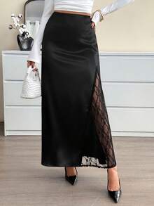Ladies' Elegant Black Lace Patchwork Hem Long Skirt For Autumn And Winter, Versatile For Daily Wear, Suitable For Daily Commuting And Evening Dates. - Black - View 7