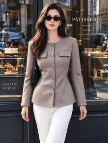 Women's New Elegant Round Neck Wool Blend Blazer Coat, Herringbone Pattern Button Front Jacket, Suitable For Daily Commute Wear - Grey - View 1