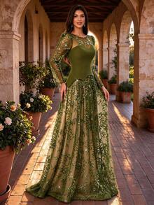 Autumn/Winter Elegant Sequin Leaf Embroidery Tulle Patchwork Pleated Knit 2 In 1 Long Dress, Illusion Long Sleeve Party Wedding Dress - Dark Green - View 7