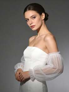 1 Pair White Tulle Puff Sleeve Bridal Arm Covers, Detachable Ruffle Long Wedding Sleeves, Wedding Party And Evening Dress Accessories - Multicolor - View 6
