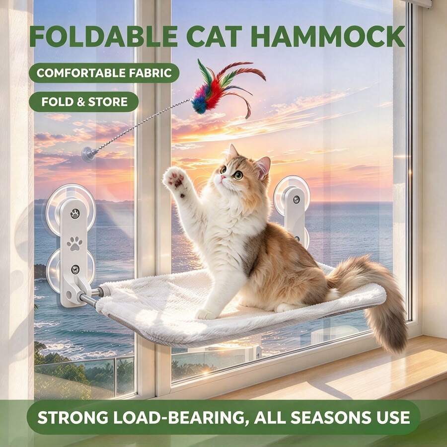 ENSSU Cat Window Hammock Perch, Cordless Window Sill Seat Bed, Foldable Slouchy Chair, Upgraded Suction Cup Style, Easy Assembly, Indoor Cat Furniture, Holds Up To 55 Lbs