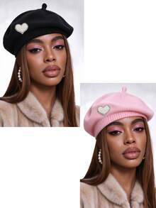 Merlader Style Beret For Women, Autumn And Winter, Heart Pearl Knit Beret Hat, Japanese Retro, Versatile, Face-Slimming, Octagonal Hat, Pumpkin Hat - Multicolor - View 15