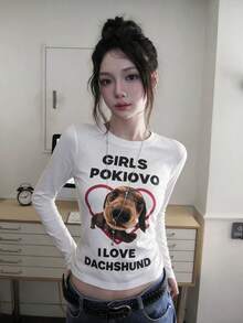 Dachshund Print Regular Shoulder Versatile Casual Short T-Shirt Long Sleeve Loose Fit Slimming Top - White - View 3