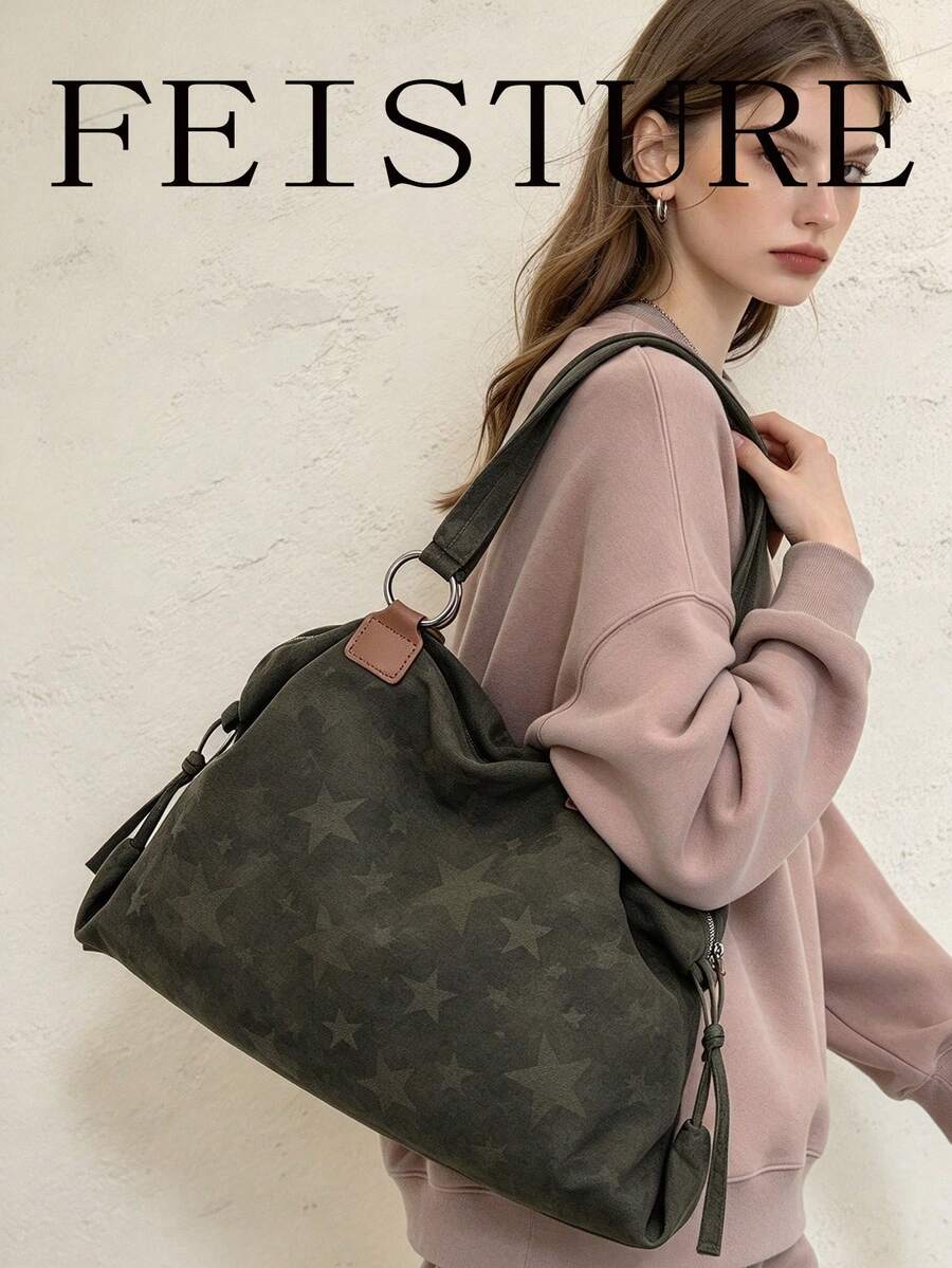 1件星形圖案大容量單肩包，休閒女款托特包，雙手柄設計，拉鍊開合，適合日常購物，新款女式手提包，辦公包