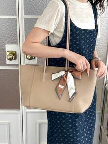 女款絎縫時尚大容量肩背組合托特包，附壓扣開合，街頭休閒拍照風，日常通勤大包 - 卡其色 - 查看 2