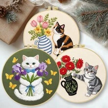 15*15cm/5.9*5.9in 20*20cm/7.9*7.9in,Cat And Flowers Embroidery Kit, DIY Handmade Embroidery Set For Adult Beginners, Home Gift, Women's Sewing Gift, Including User Manual, Printed Pattern Fabric, Embroidery Frame, Needle And Thread. - Cat and Flowers - View 3