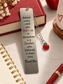 Thank You Teacher Metal Bookmark, Apple Charm Engraved Teacher Quote Bookmark, Teacher Appreciation Gift Book Marker - Multicolor - View 2