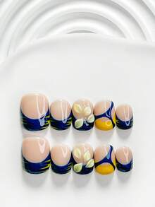 秋季 10 片酷感手工穿戴甲 Polygel 美甲套組 花瓣款 藍黃配色 俐落風格 含美甲工具 3 種尺寸可選 方形 短方形 杏仁形 適合派對、跳舞、日常配戴（手工細節可能有所不同） - 彩色 - 查看 18