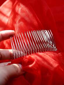 1Pc Vintage Red Double-Layer Ribbon Trim Veil, Sheer Tulle With Hair Comb, Red Veil For Chinese Wedding, Halloween & Bridal Portrait Shoot - Multicolor - View 7