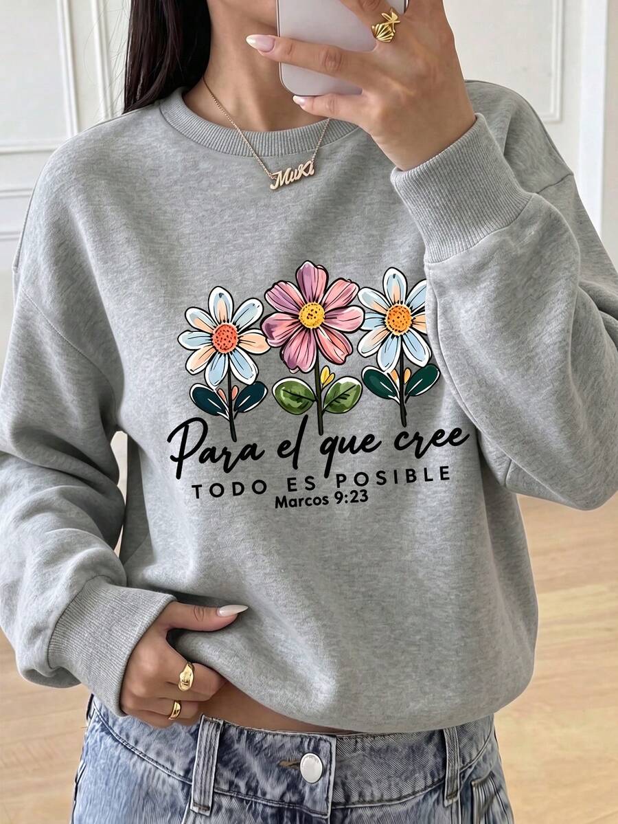 Plus-Size Women's Crew Neck Sweatshirt With Cartoon Flower Print, Casual And Simple, Suitable For Everyday Wear In Autumn And Winter. - Grey - View 1
