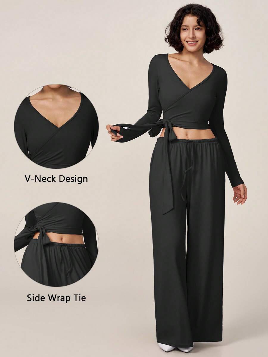 TimeOff Women's One Set Solid Color Wrap V-Neck Side Tie Long Sleeve Side Pocket Elastic Drawstring Waist Wide Leg Pants - Black - View 1