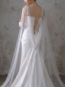 1 Pc Cathedral Style Bridal Cape With Faux Pearl Shoulder Applique, Long Train Tulle Cloak With Pins, Accessory For Wedding, Photoshoot & Party Gown - White - View 2