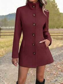 Women's Slim Fit High Collar Single-Breasted Pocket Midi Tweed Coat, Black - Coral Red - View 2