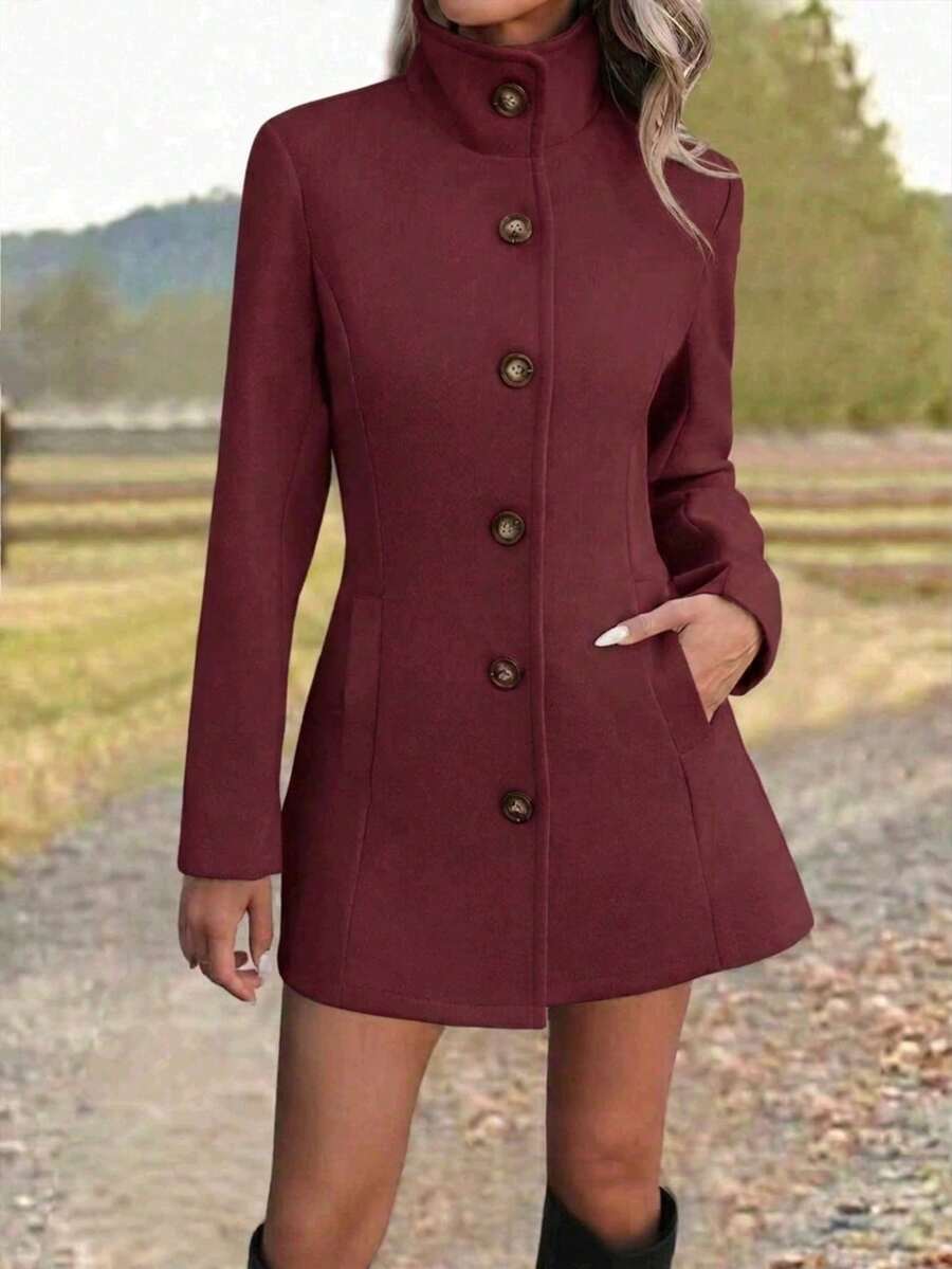 Women's Slim Fit High Collar Single-Breasted Pocket Midi Tweed Coat, Black