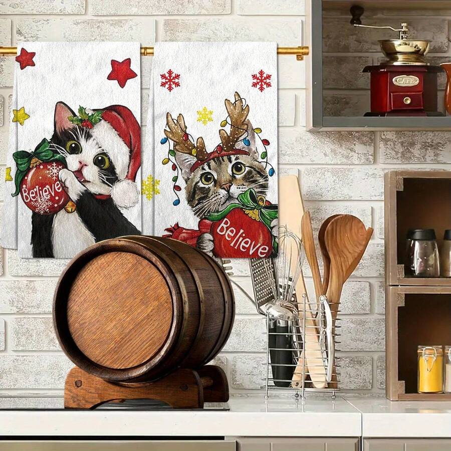 2pcs/Set Christmas Series Kitchen Towels, Towel Set, Home Kitchen Decor Cleaning Cloths, Mother's Day Gift, Housewarming Gift, Cooking Baking Tea Towels, Super Soft, High Absorbency, Neighbor Gift, Birthday Gift, Kitchen Accessories, Daily Necessities, Christmas Decor - White - View 1