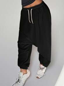1pc Plus Size Women's Casual Sports Hip Hop Retro Multi-Pleated Crotch Tapered Harem Sweatpants - Black - View 4