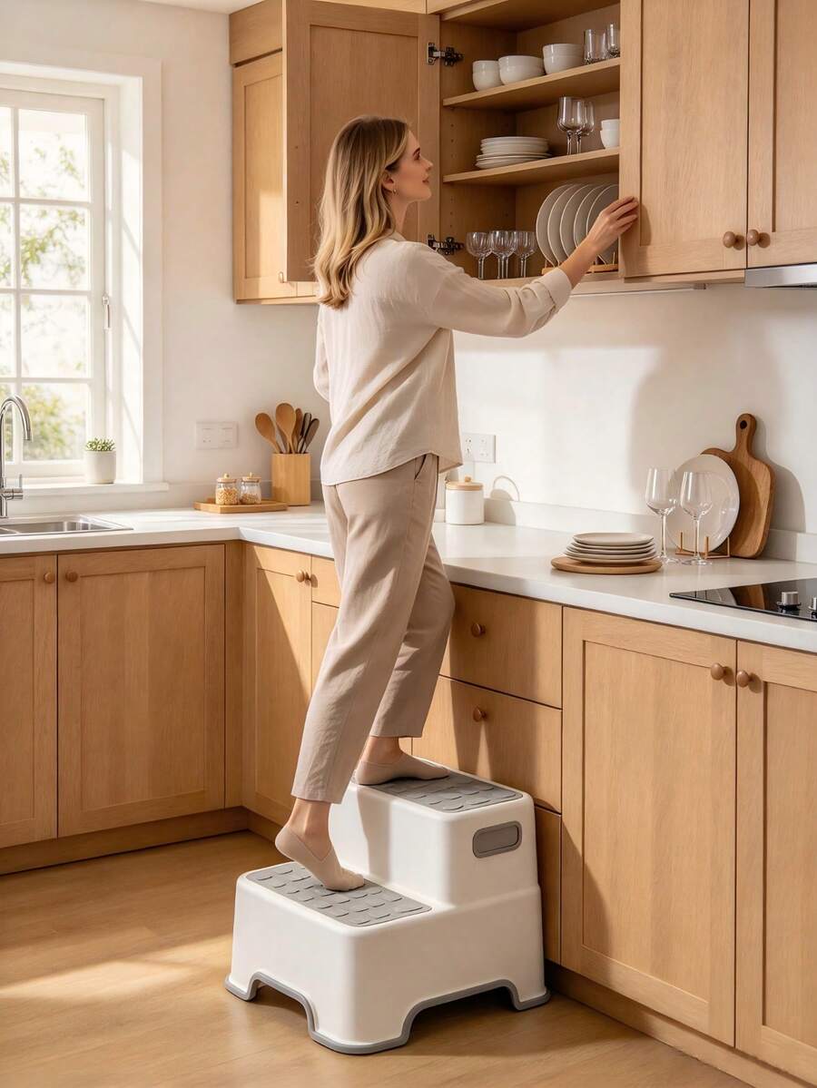 1pc Household 2-Tier Step Stool, Non-Slip Wear-Resistant Pedal, Stable And Tipping-Resistant, With Carry Handle, Suitable For Bathroom Hand Washing, Toilet Use And Kitchen Application - Random Color - View 1