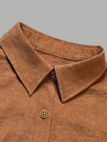 DONICY Fall Clothes For Women, Khaki Shirt Dress, Turn‑Down Collar Button Down Fitted Waist A‑Line Flare Hem Lantern Sleeve Linen‑Look Mini Dress - Brown - View 3