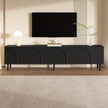 3D Curved Lines, TV Cabinet Lowboard, Four, Two Separate Storage Compartments, Metal, Living Room - Black + MDF + Particle Board - View 1