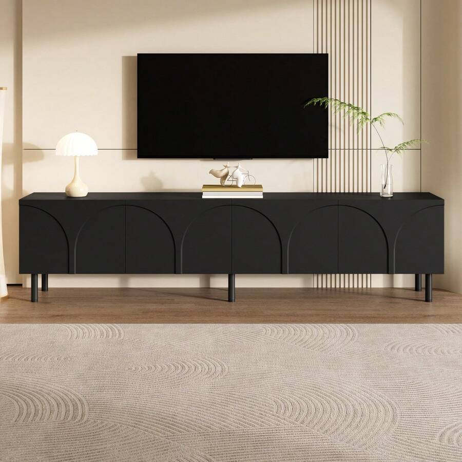 3D Curved Lines, TV Cabinet Lowboard, Four, Two Separate Storage Compartments, Metal, Living Room - Black + MDF + Particle Board - View 1