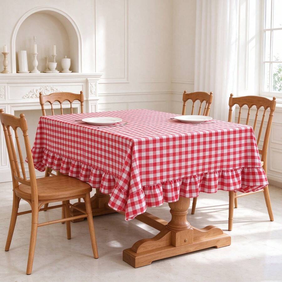 1pc Nordic Minimalist Red Plaid Ruffle Edge Pure Cotton Tablecloth, Suitable For Wedding, Valentine's Day And Daily Use - Red - View 1