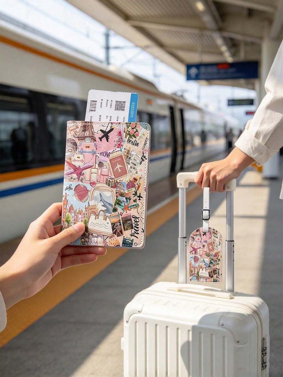 Travel Collage Passport Cover & Luggage Tag Set, PU Leather Vintage ...