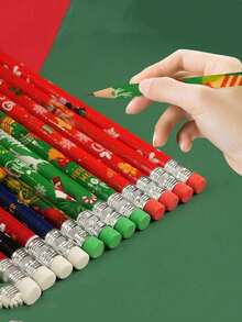 12/24pcs Wooden Christmas Pencils With Erasers, Design Patterns Include Snowman, Santa Claus, Christmas Tree And Snowflake, Suitable As Christmas Stationery Pencils For Office, School And Classroom - Multicolor - View 6