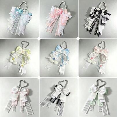 1pc Heart Buckle Satin Ribbon Bow Bag Charm, Lace Long Ribbon Polka Dot Woven Tape Anime Cosplay Live Concert Lolita Ita Bag Idol Support Fabric Rose Plush Wing Decoration Accessory Sweet Style Otaku Collection Handmade Peripheral Ornament