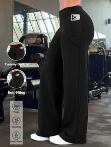 High Waist Straight Leg Pants With Phone Pocket, Dual Use For Running And Daily Commute - Black - View 1